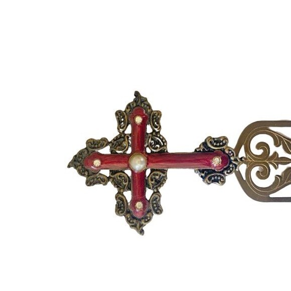 Vintage Bookmark Gold Toned Cross Faux Pearl Faux Diamonds Metal Filigree Base - Picture 11 of 15